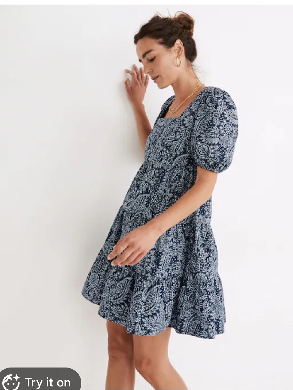 Light use! Madewell Poplin Puff-Sleeve Babydoll Dress in Paisley Garden size 6